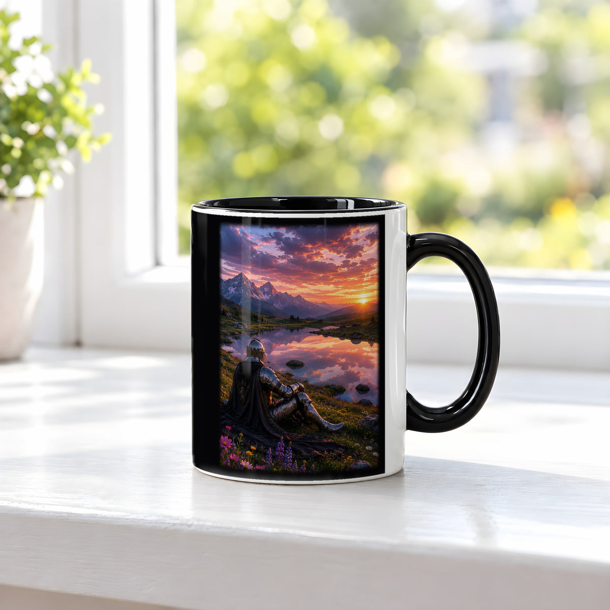 Der Spiegel des Himmels – Tasse innen schwarz, auf der Fensterbank