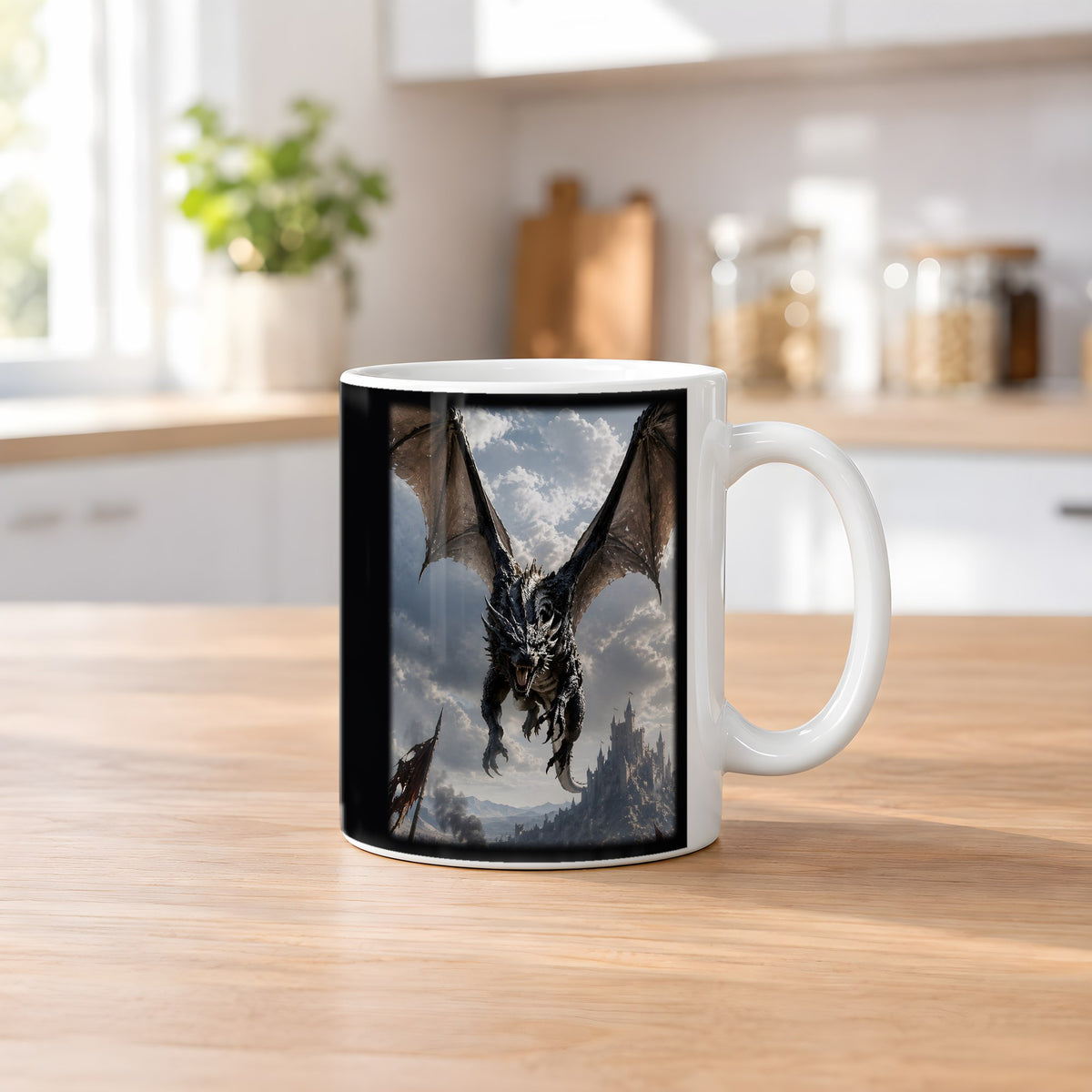 Der Schattenflug – weiße Tasse, auf dem Küchentresen