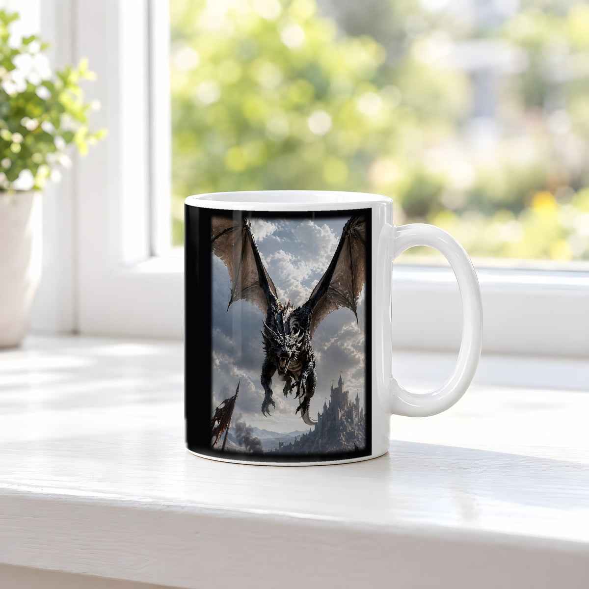 Der Schattenflug – weiße Tasse, auf der Fensterbank