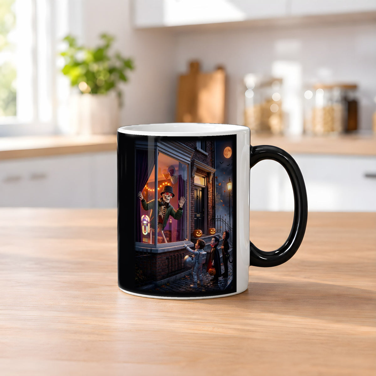 Süßes oder Saures – Black Edition Zaubertasse mit Motiv (heiß), auf dem Küchentresen