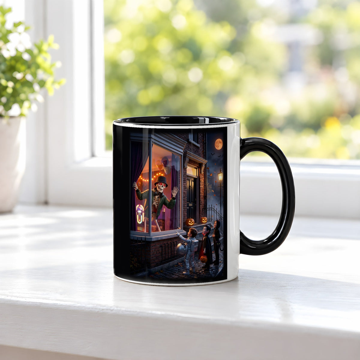 Süßes oder Saures – Tasse innen schwarz, auf der Fensterbank