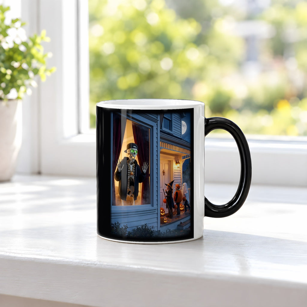Der Fenstergast – Black Edition Zaubertasse mit Motiv (heiß), auf der Fensterbank