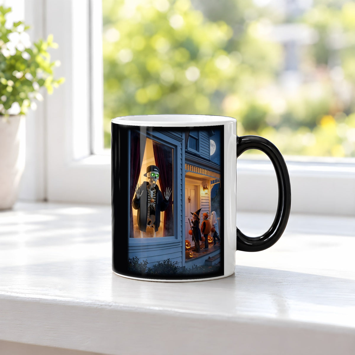 Der Fenstergast – Black Edition Zaubertasse mit Motiv (heiß), auf der Fensterbank