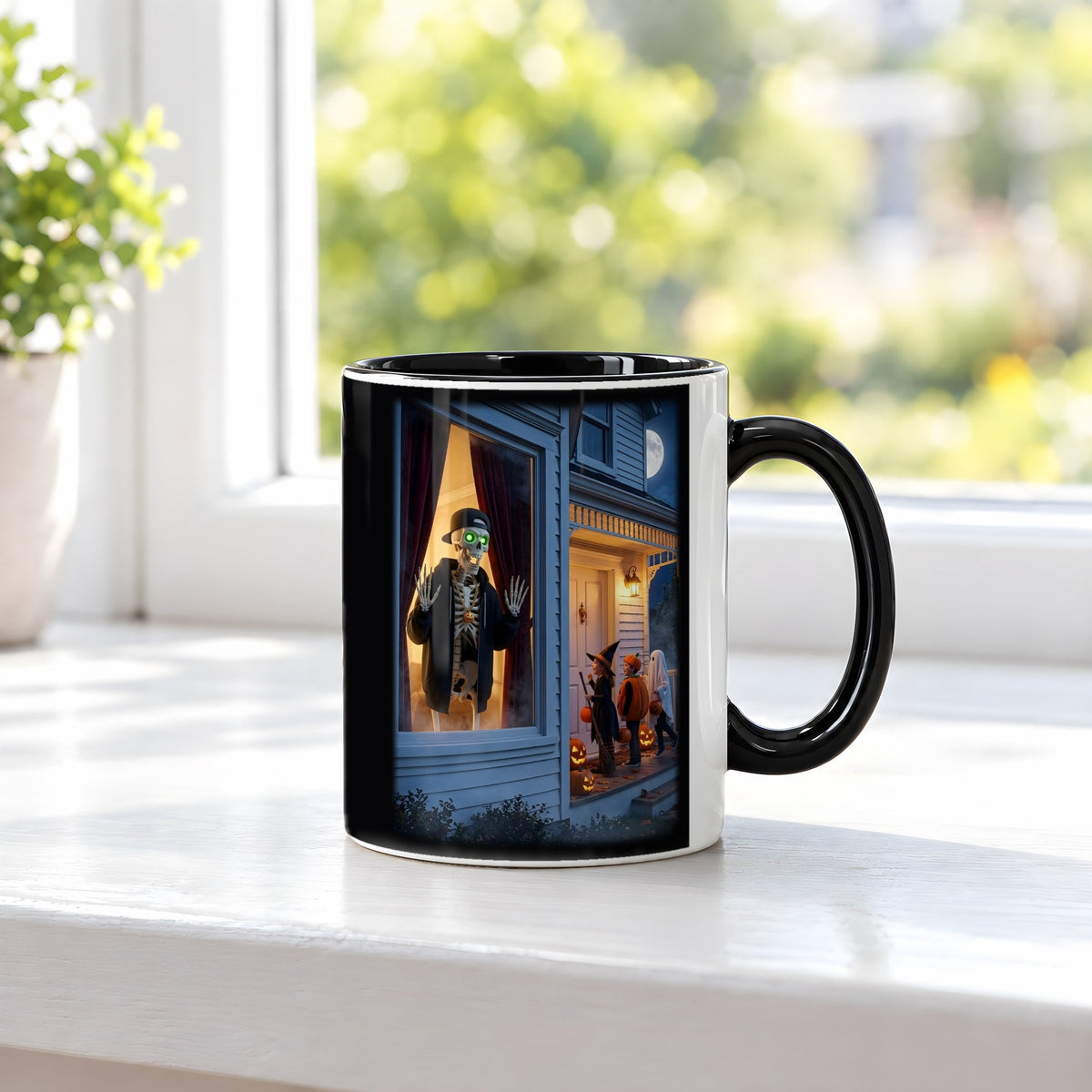 Der Fenstergast – Tasse innen schwarz, auf der Fensterbank