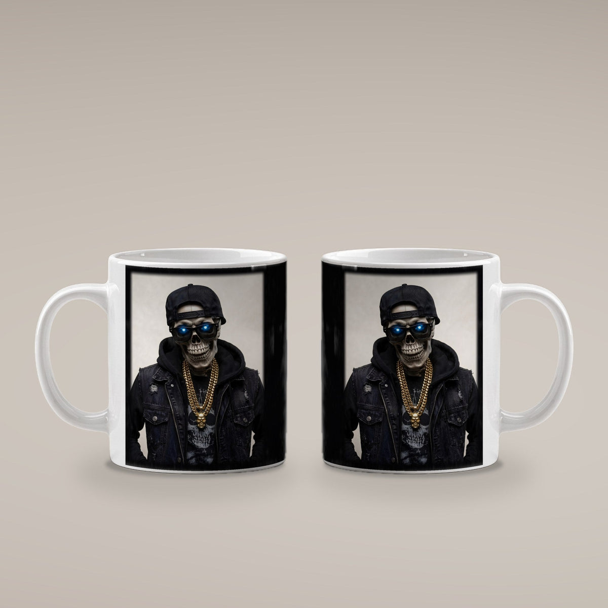 Das Gold-Skelett – weiße Tasse, beide Seiten bedruckt