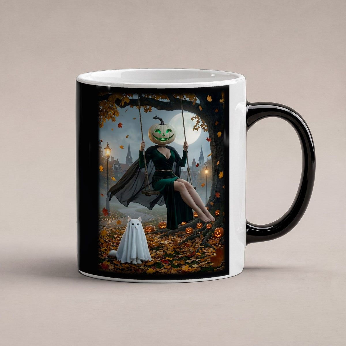 Die Herbstschaukel – Black Edition Zaubertasse mit Motiv (heiß), freigestellt
