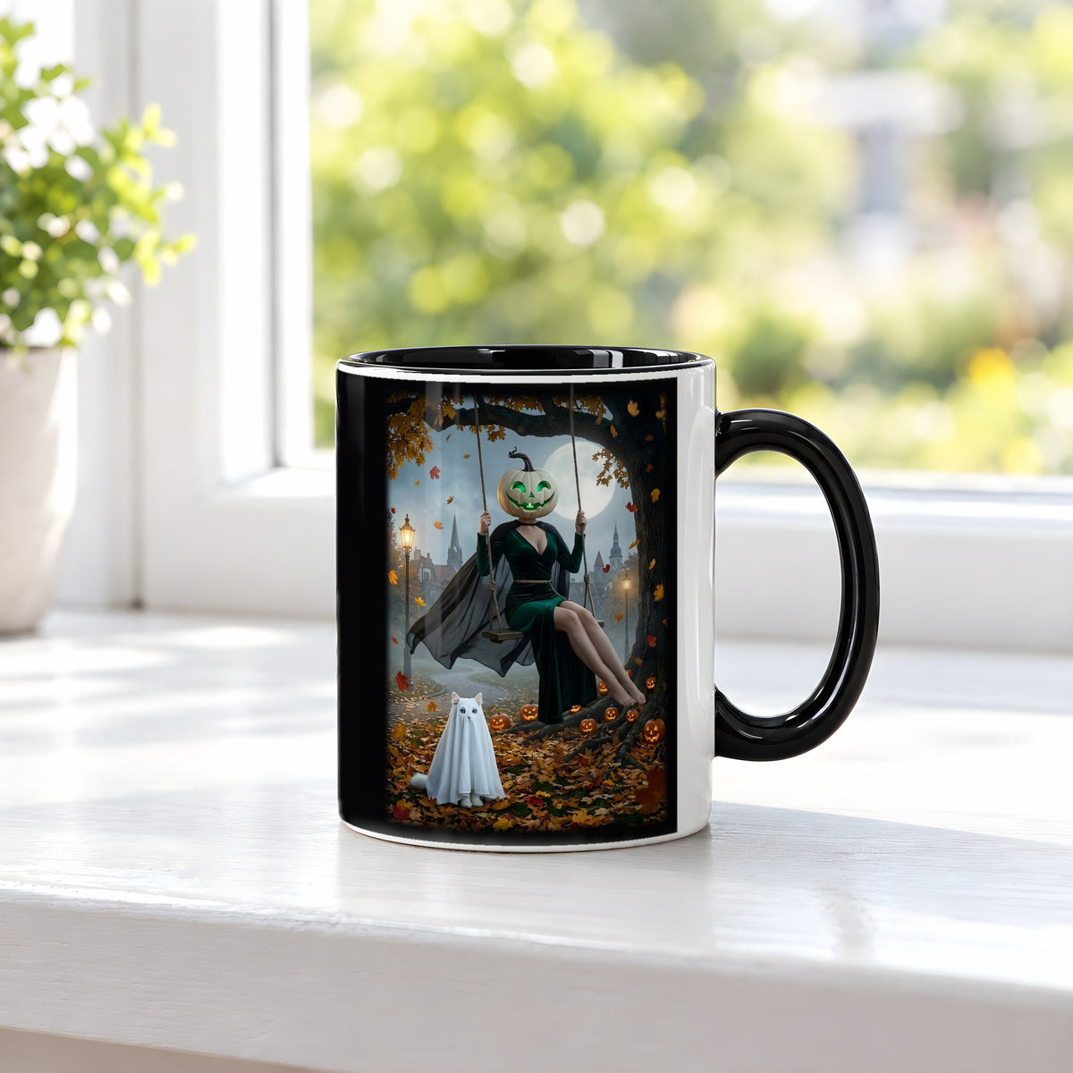 Die Herbstschaukel – Tasse innen schwarz, auf der Fensterbank