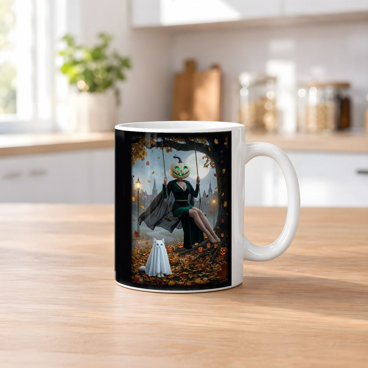 Die Herbstschaukel – weiße Tasse, auf dem Küchentresen