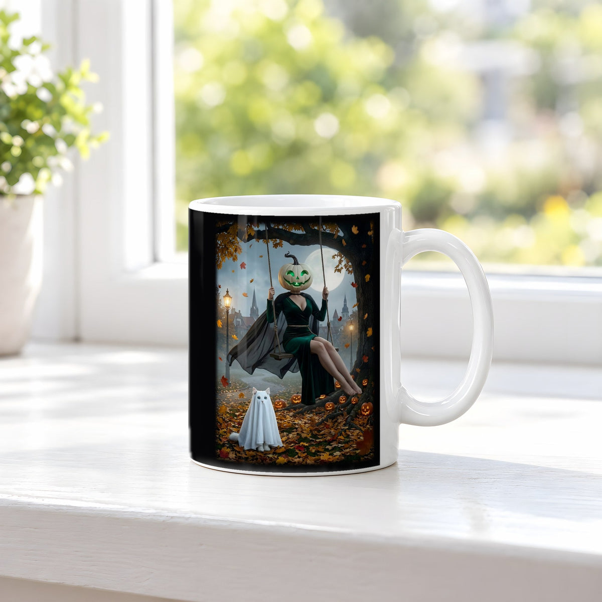 Die Herbstschaukel – weiße Tasse, auf der Fensterbank