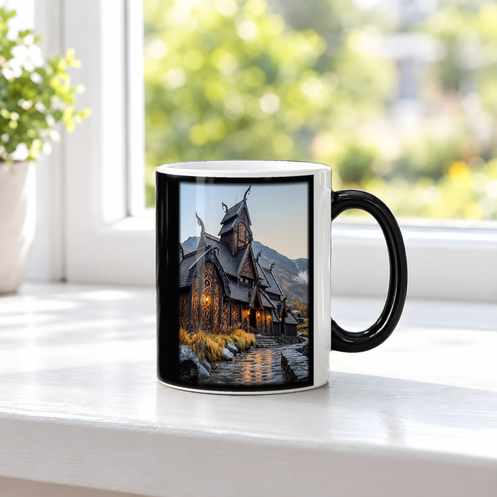 Stabkirche im Herbst – Black Edition Zaubertasse mit Motiv (heiß), auf der Fensterbank