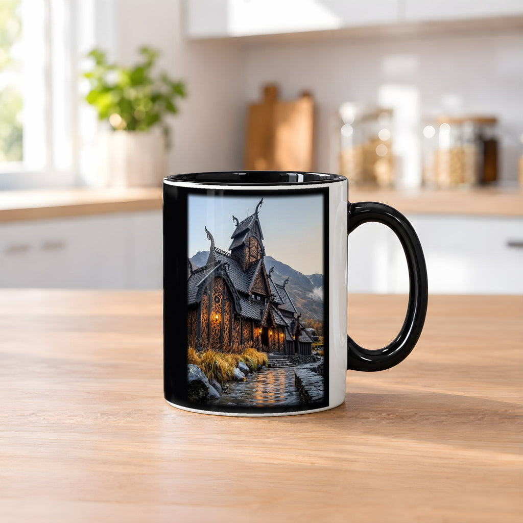 Stabkirche im Herbst – Tasse innen schwarz, auf dem Küchentresen