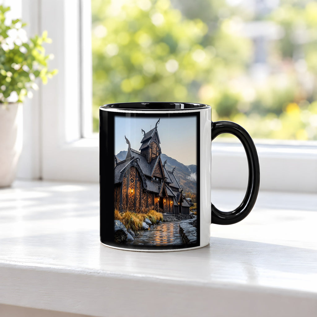 Stabkirche im Herbst – Tasse innen schwarz, auf der Fensterbank