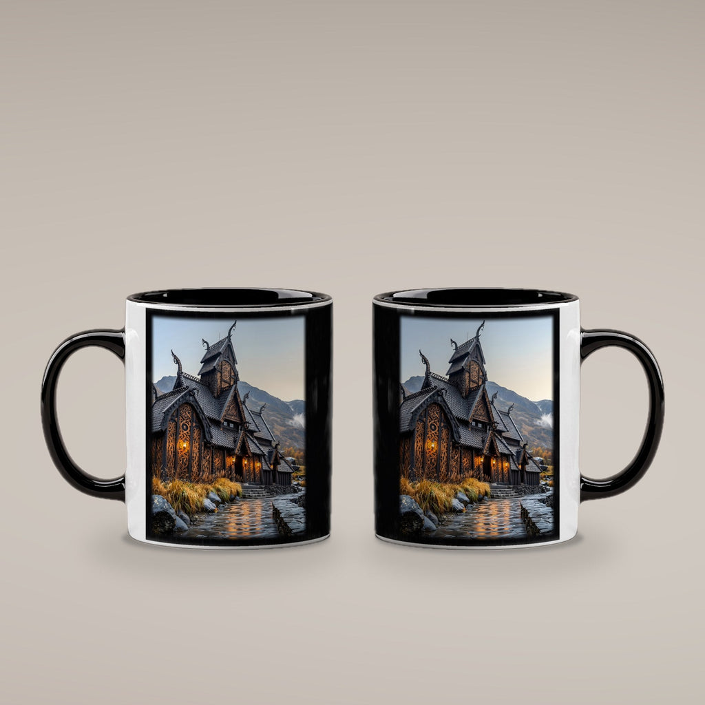 Stabkirche im Herbst – Tasse innen schwarz, beide Seiten bedruckt