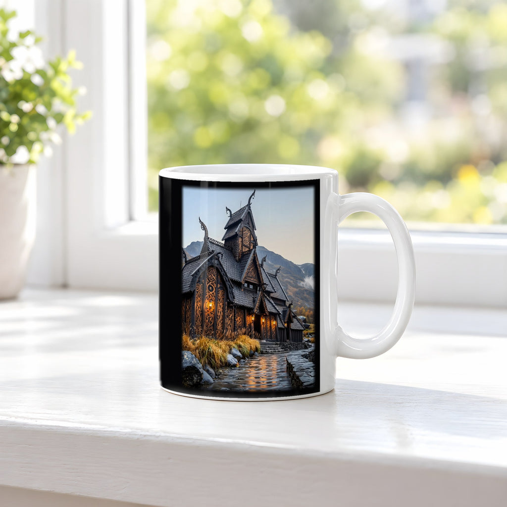 Stabkirche im Herbst – weiße Tasse, auf der Fensterbank