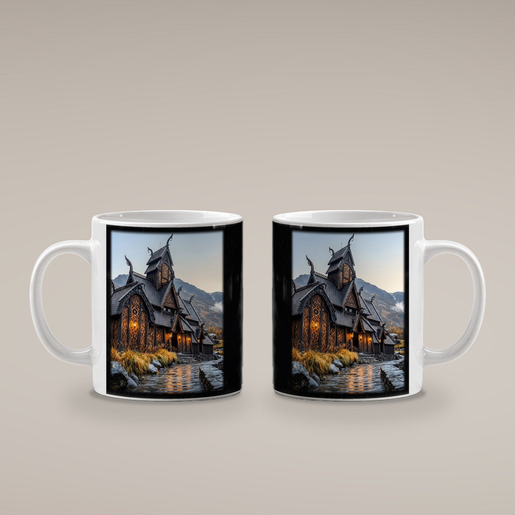 Stabkirche im Herbst – weiße Tasse, beide Seiten bedruckt