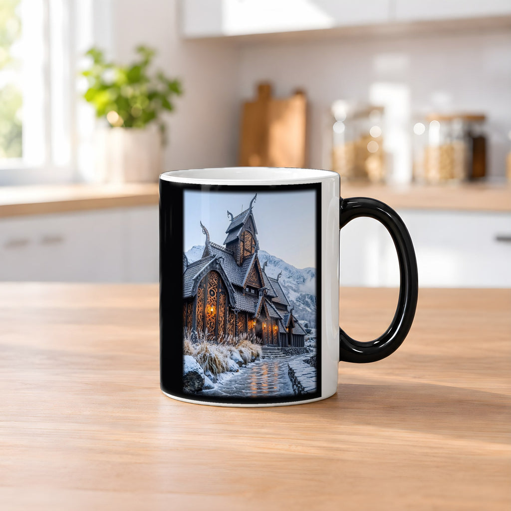 Stabkirche im Schnee – Black Edition Zaubertasse mit Motiv (heiß), auf dem Küchentresen