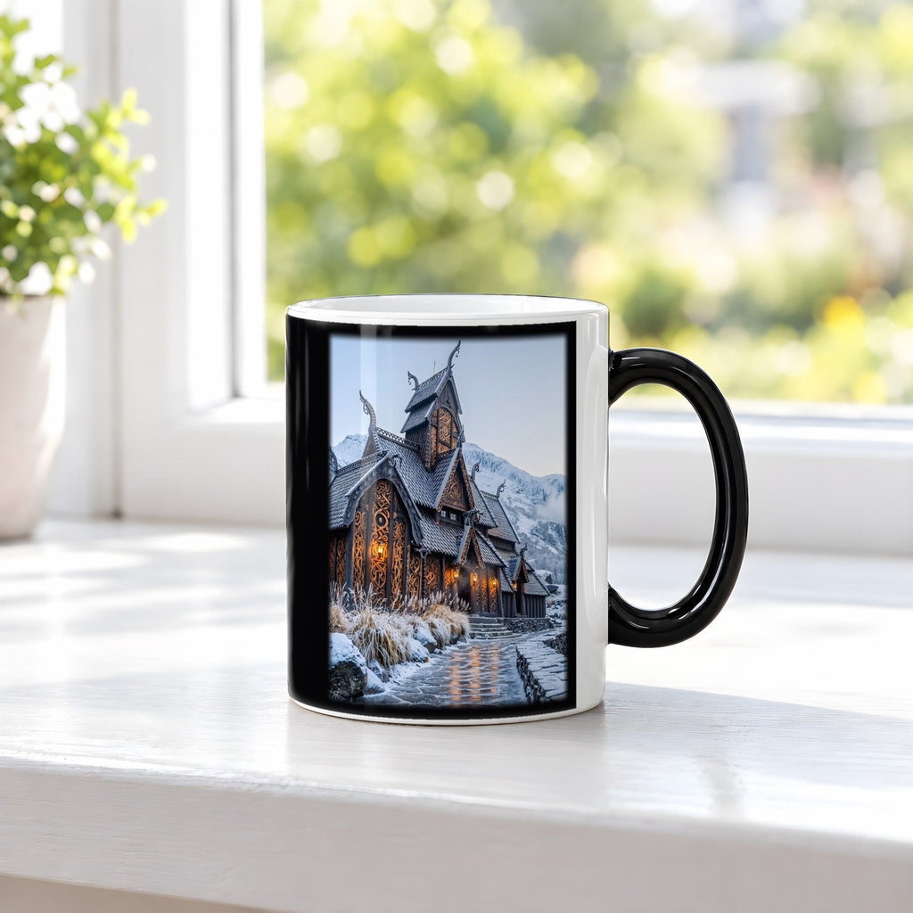 Stabkirche im Schnee – Black Edition Zaubertasse mit Motiv (heiß), auf der Fensterbank