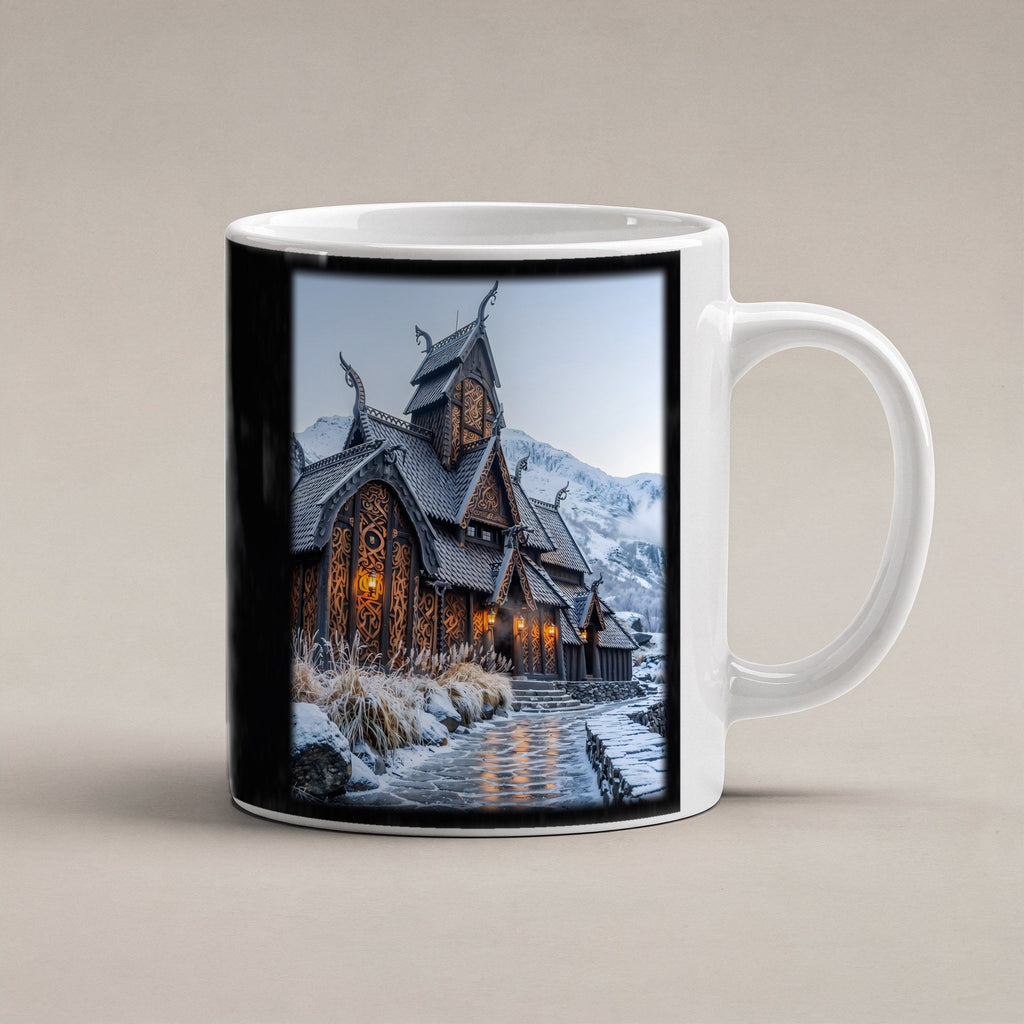 Stabkirche im Schnee – weiße Tasse, freigestellt