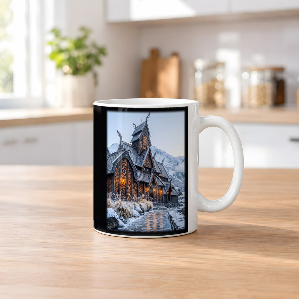 Stabkirche im Schnee – weiße Tasse, auf dem Küchentresen
