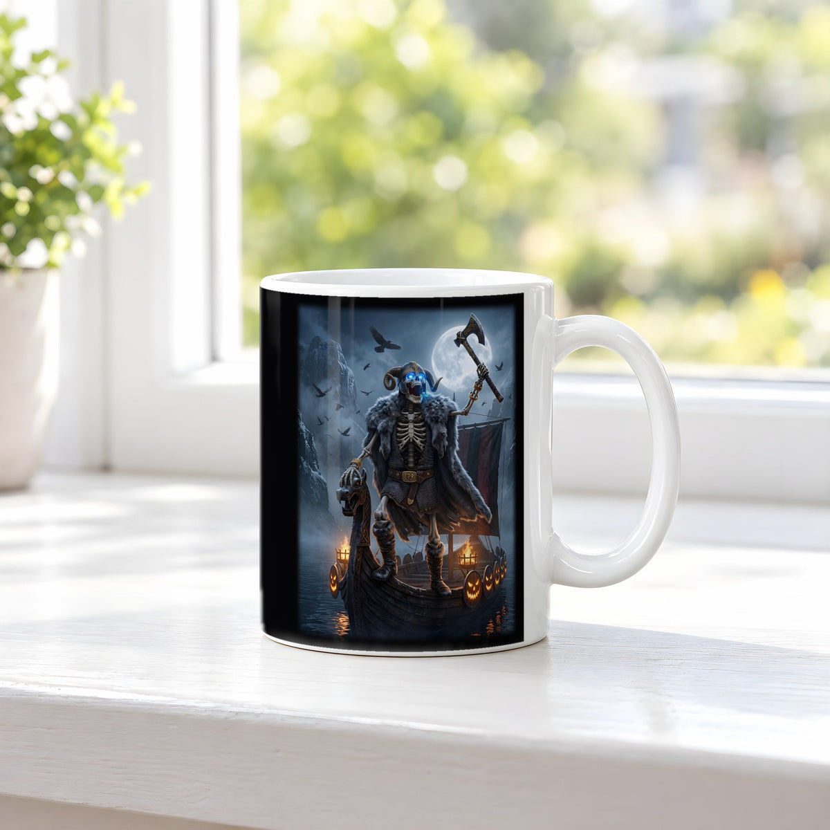 Der Skelett-Jarl – weiße Tasse, auf der Fensterbank