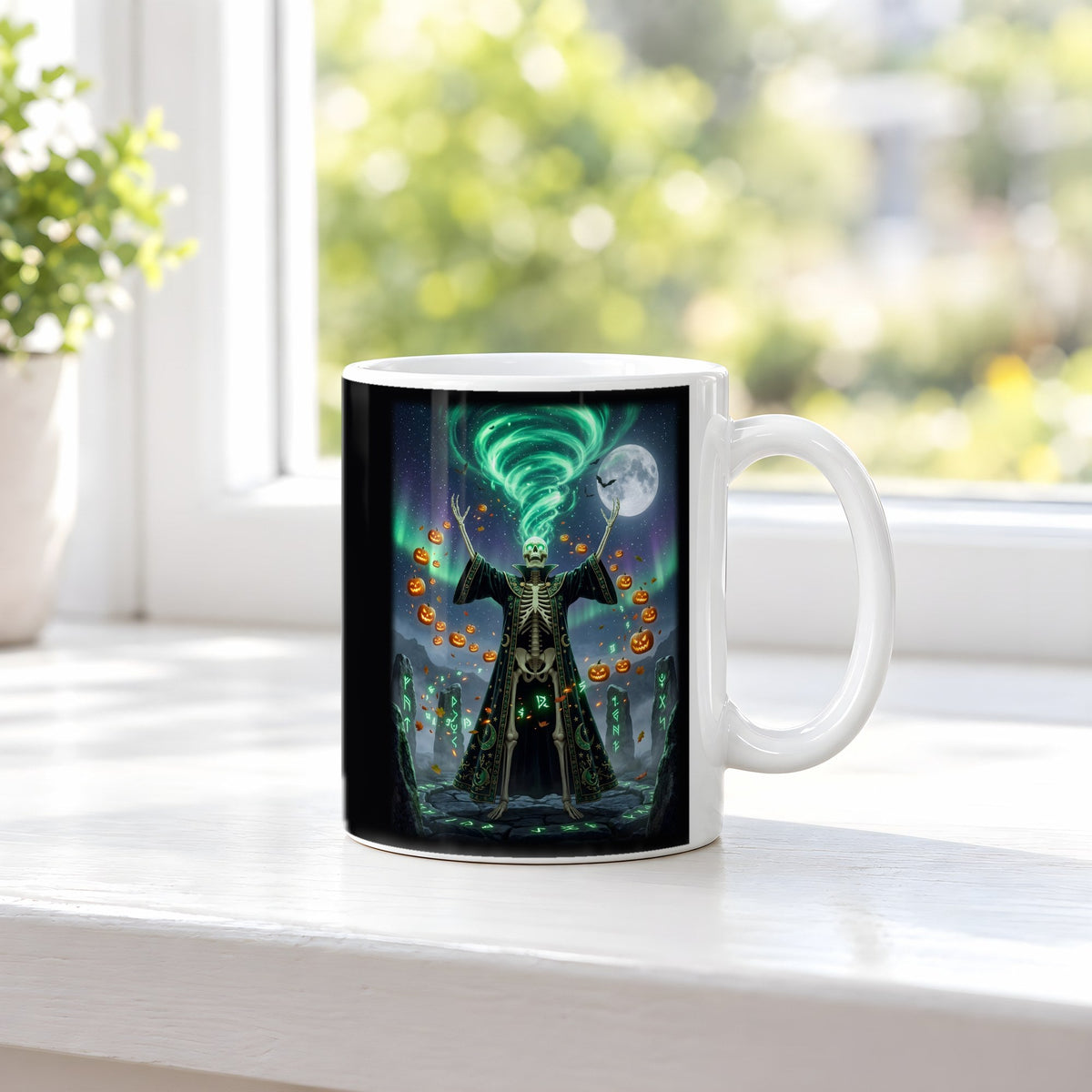 Der Steinkreis-Beschwörer – weiße Tasse, auf der Fensterbank