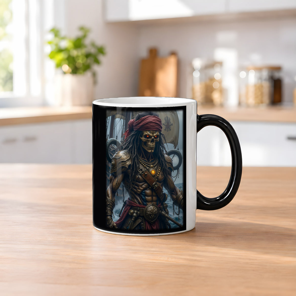 Der Skelettkapitän – Black Edition Zaubertasse mit Motiv (heiß), auf dem Küchentresen