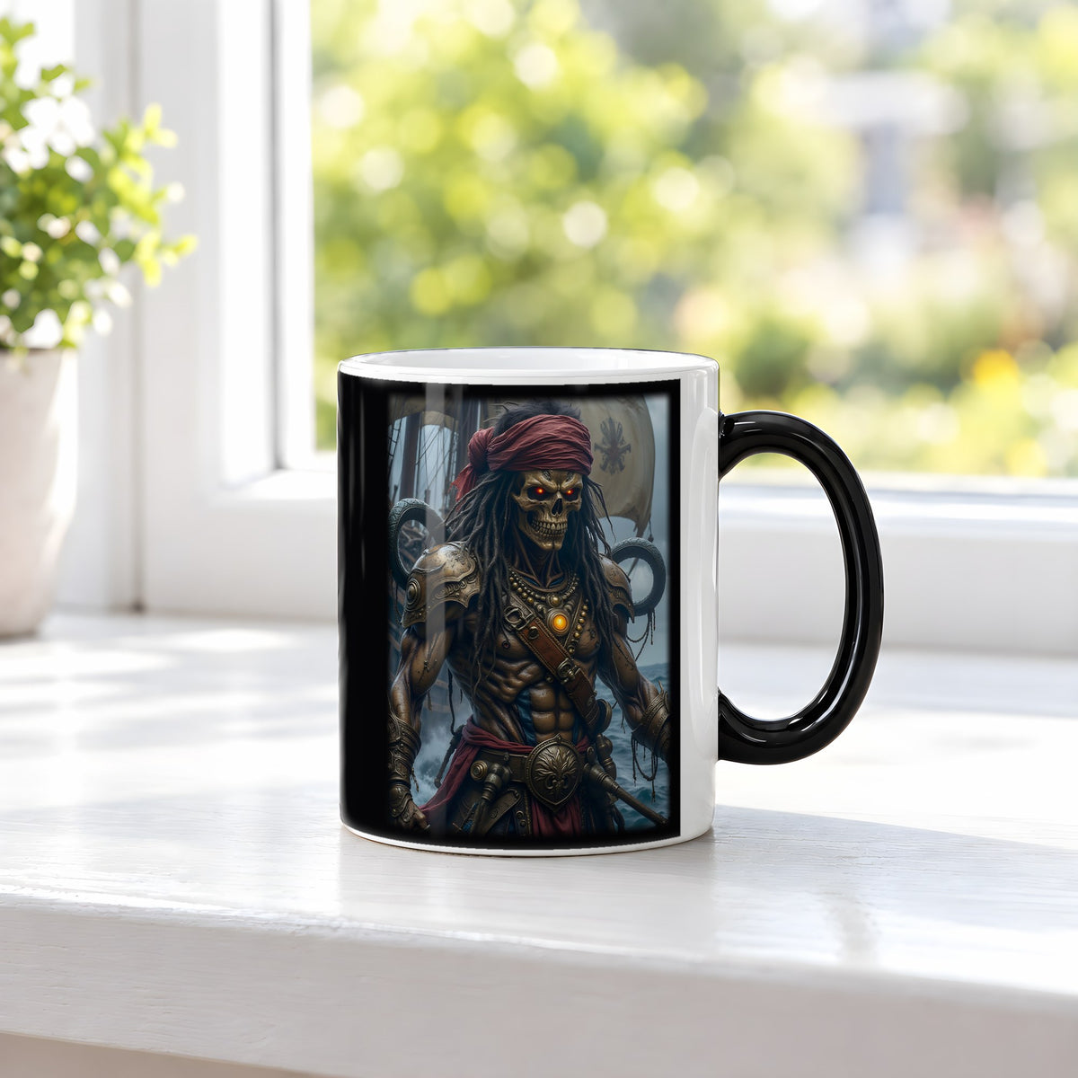 Der Skelettkapitän – Black Edition Zaubertasse mit Motiv (heiß), auf der Fensterbank