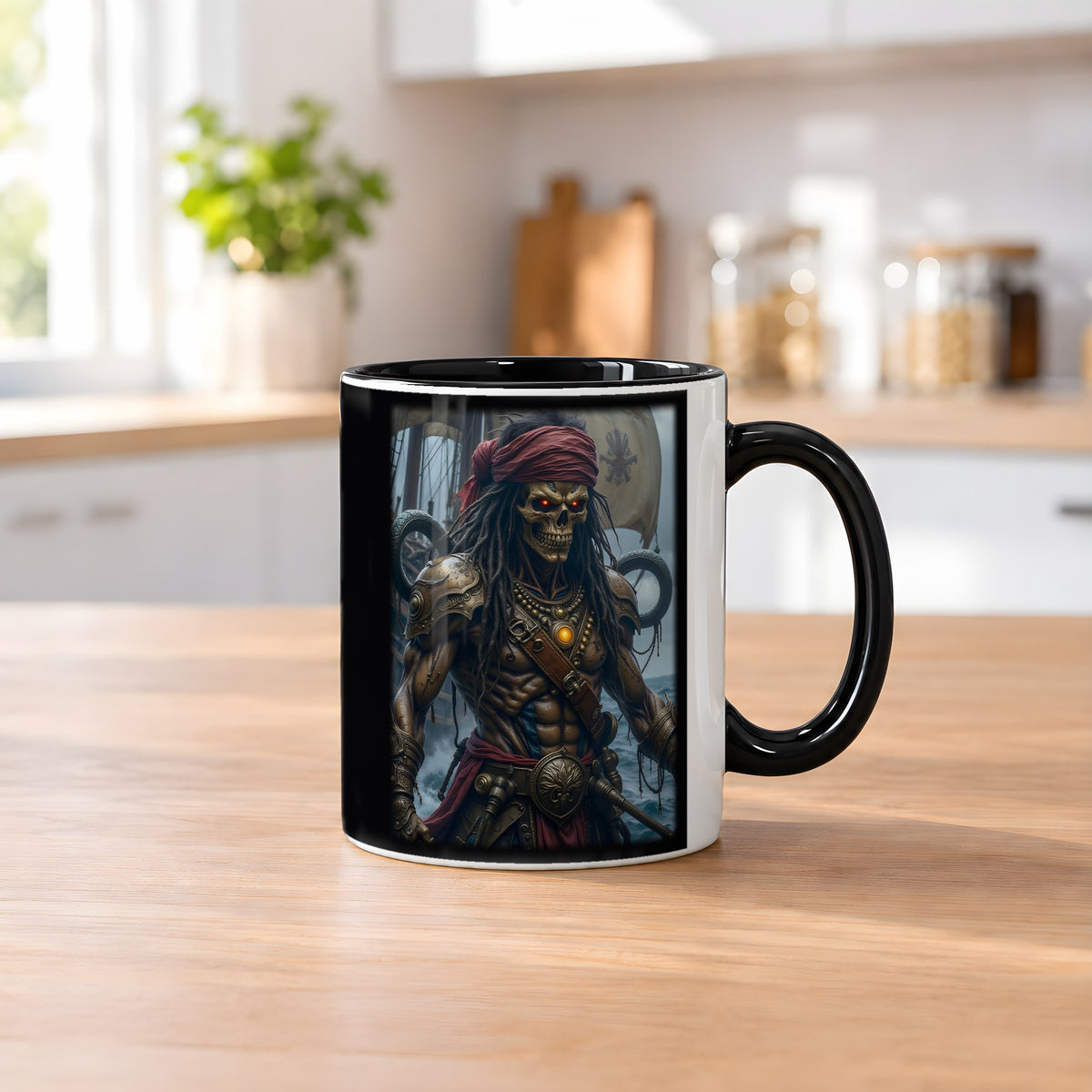 Der Skelettkapitän – Tasse innen schwarz, auf dem Küchentresen