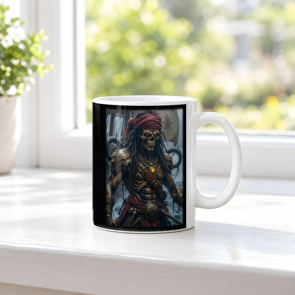 Der Skelettkapitän – weiße Tasse, auf der Fensterbank
