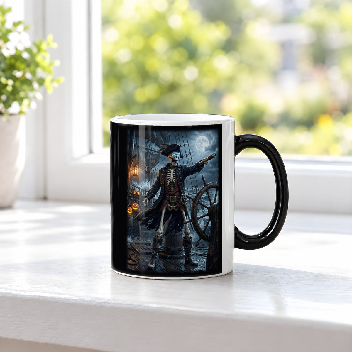 Der Knochenkapitän – Black Edition Zaubertasse mit Motiv (heiß), auf der Fensterbank