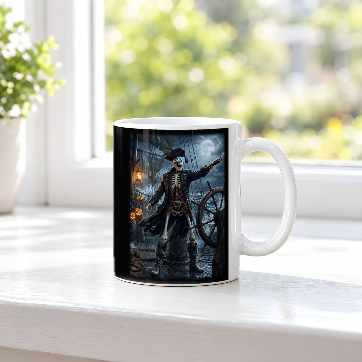 Der Knochenkapitän – weiße Tasse, auf der Fensterbank