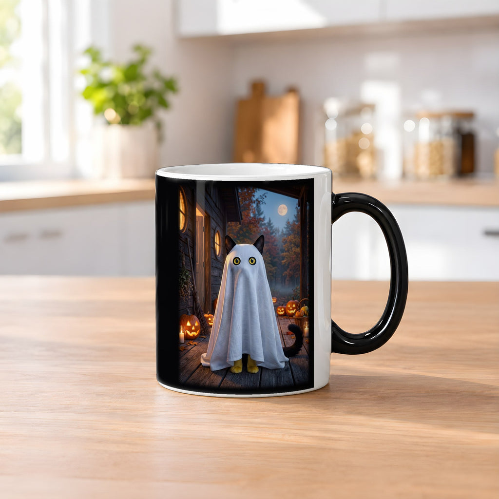 Die Spukkatze – Black Edition Zaubertasse mit Motiv (heiß), auf dem Küchentresen