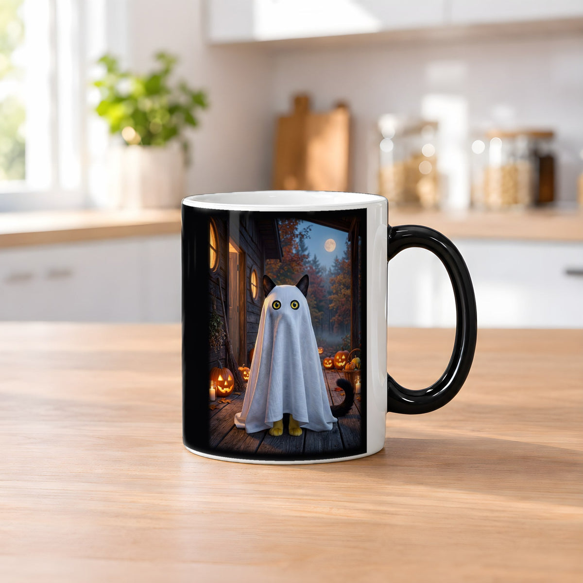 Die Spukkatze – Black Edition Zaubertasse mit Motiv (heiß), auf dem Küchentresen