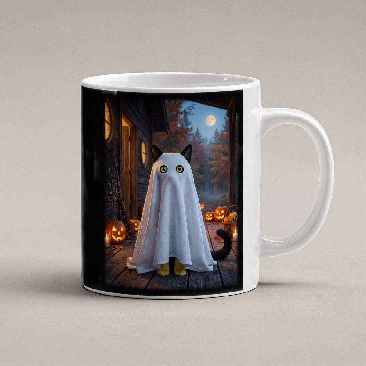 Die Spukkatze – weiße Tasse, freigestellt