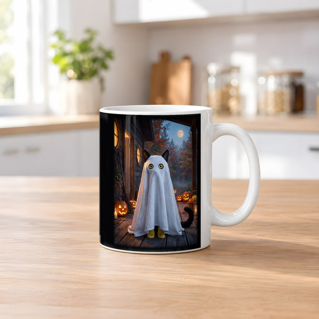 Die Spukkatze – weiße Tasse, auf dem Küchentresen