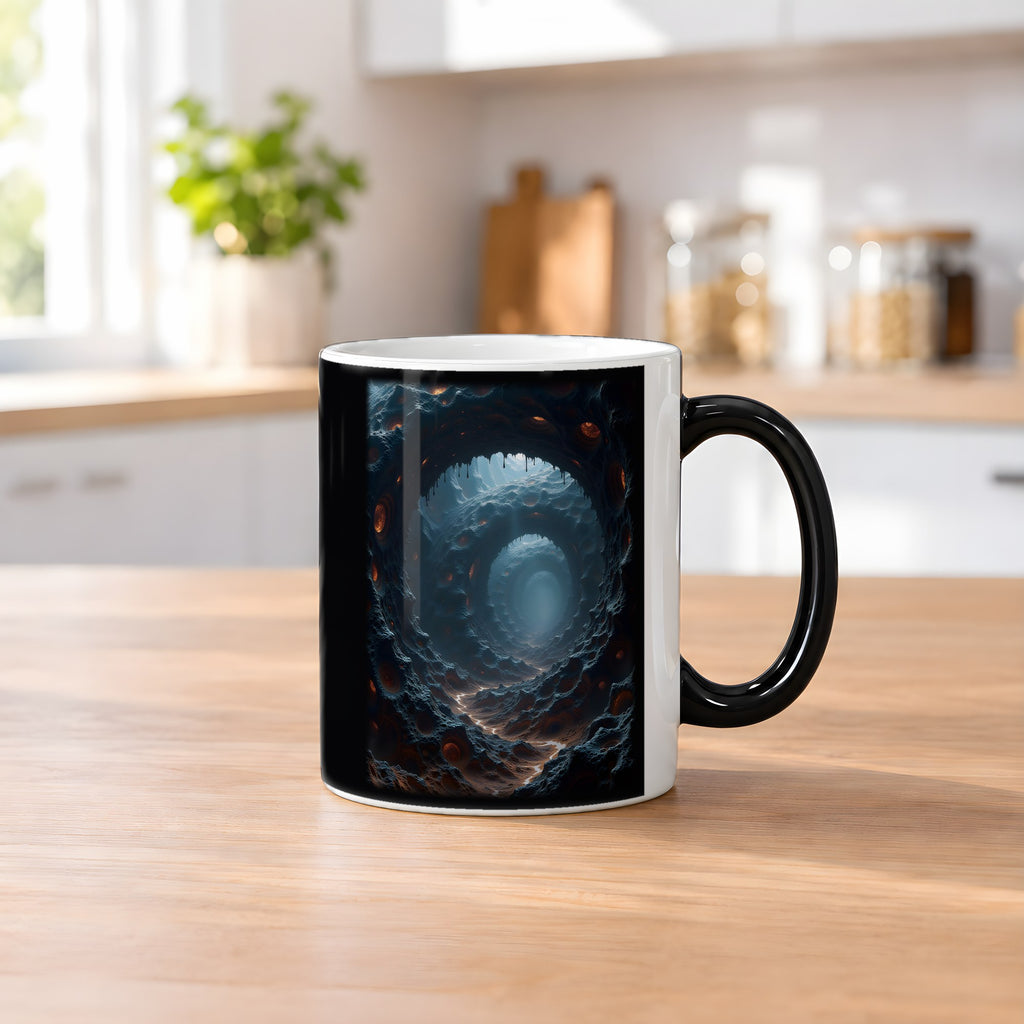 Der Schlund – Black Edition Zaubertasse mit Motiv (heiß), auf dem Küchentresen