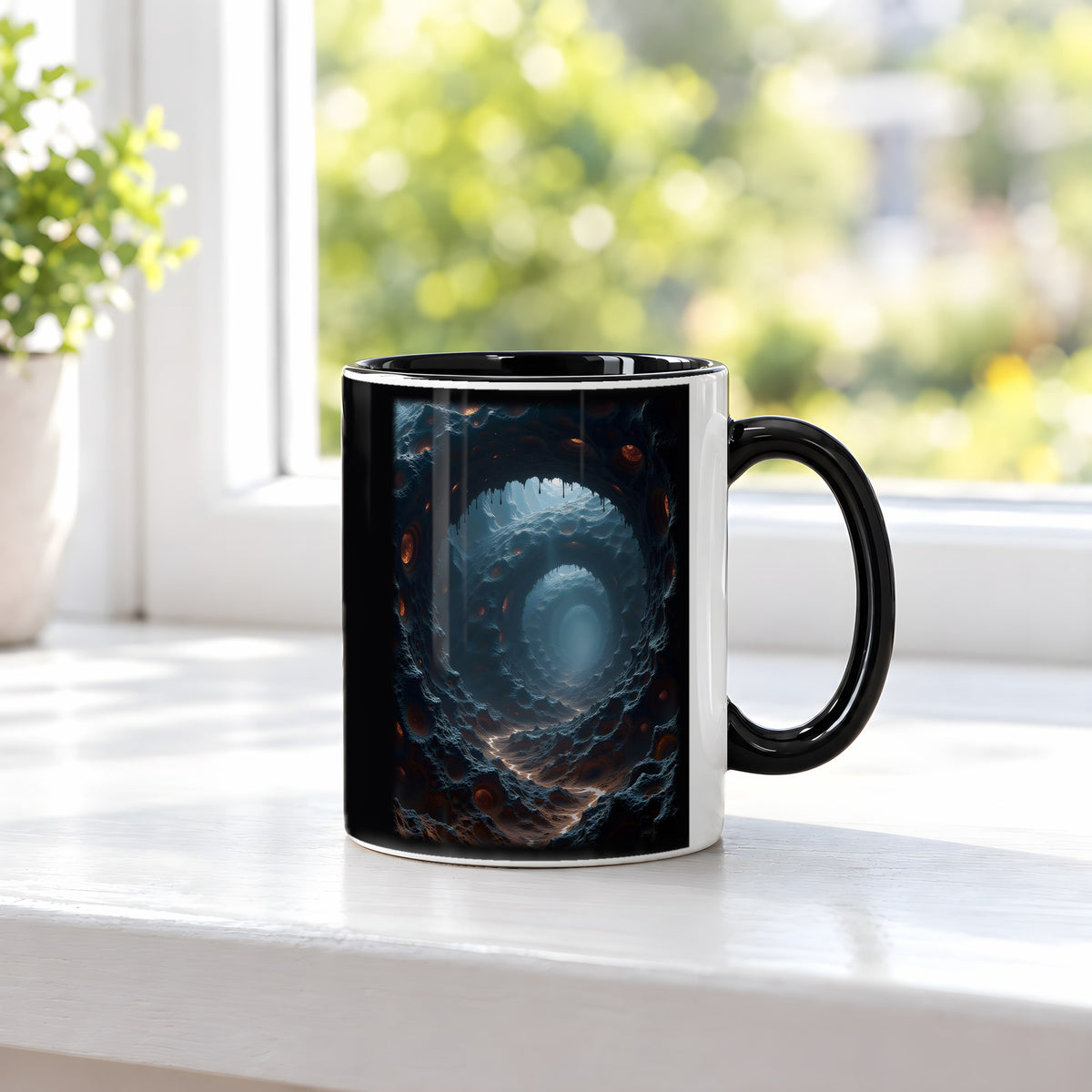 Der Schlund – Tasse innen schwarz, auf der Fensterbank