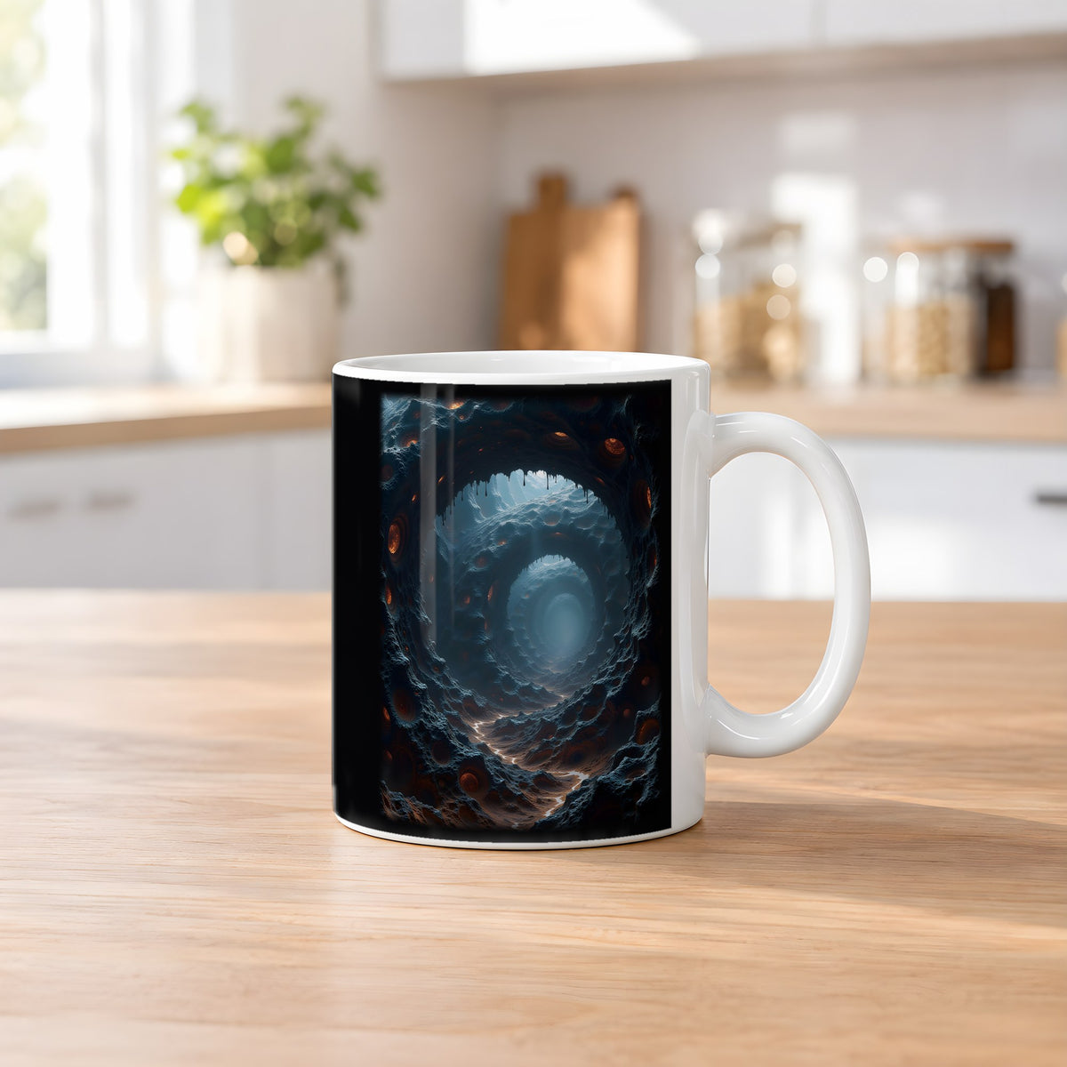 Der Schlund – weiße Tasse, auf dem Küchentresen
