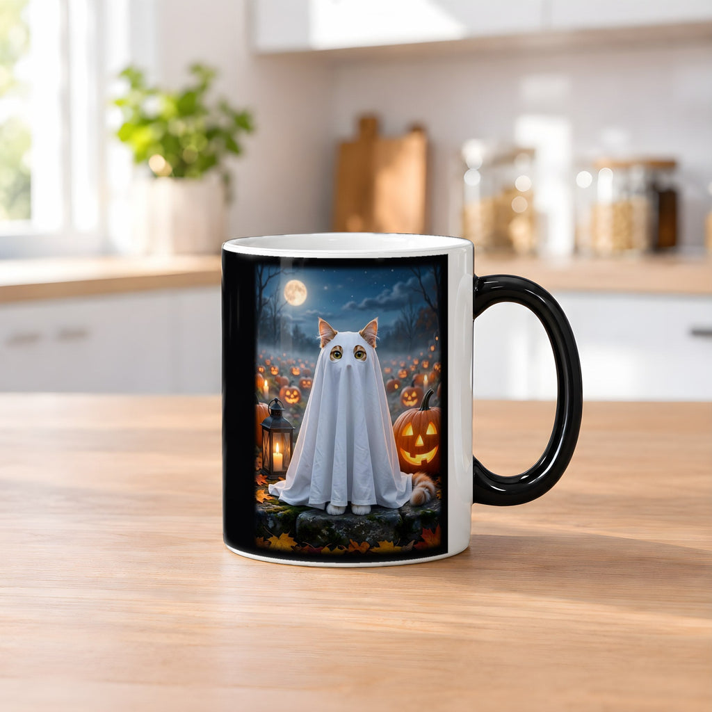 Das Lakengespenst – Black Edition Zaubertasse mit Motiv (heiß), auf dem Küchentresen