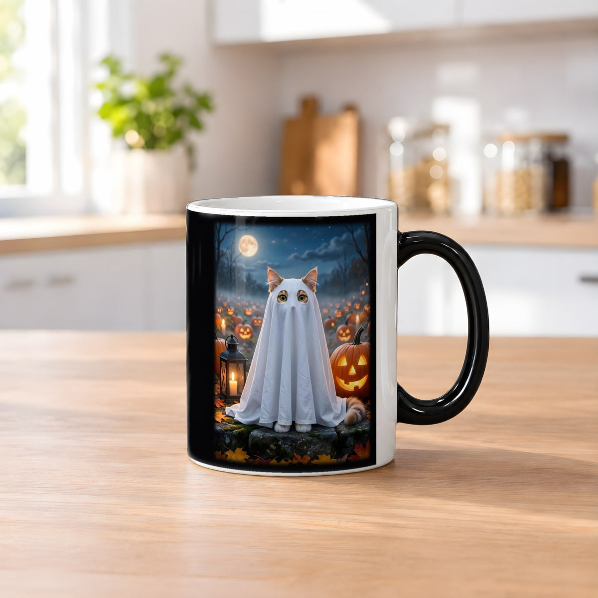 Das Lakengespenst – Black Edition Zaubertasse mit Motiv (heiß), auf dem Küchentresen