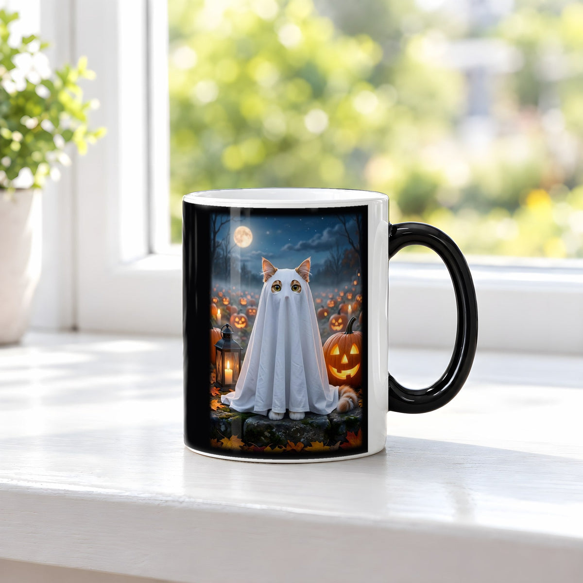 Das Lakengespenst – Black Edition Zaubertasse mit Motiv (heiß), auf der Fensterbank