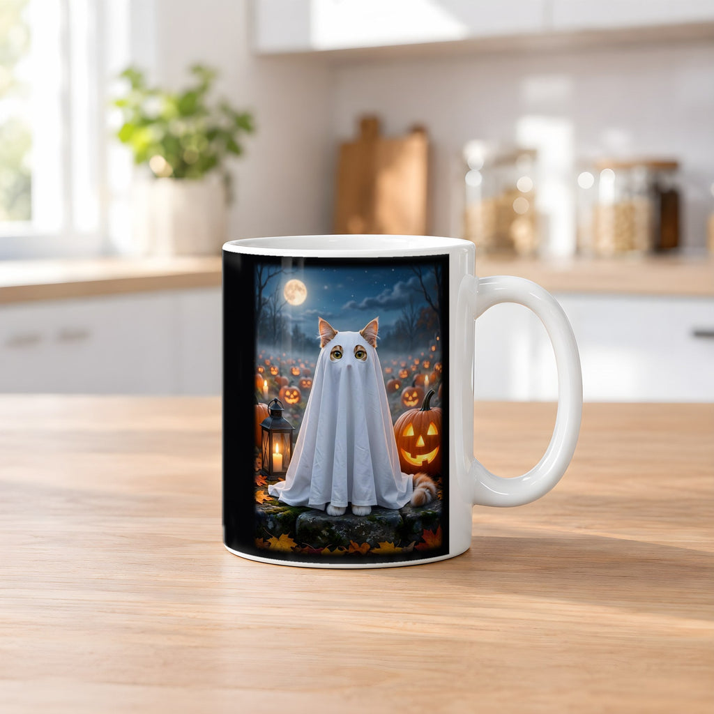 Das Lakengespenst – weiße Tasse, auf dem Küchentresen