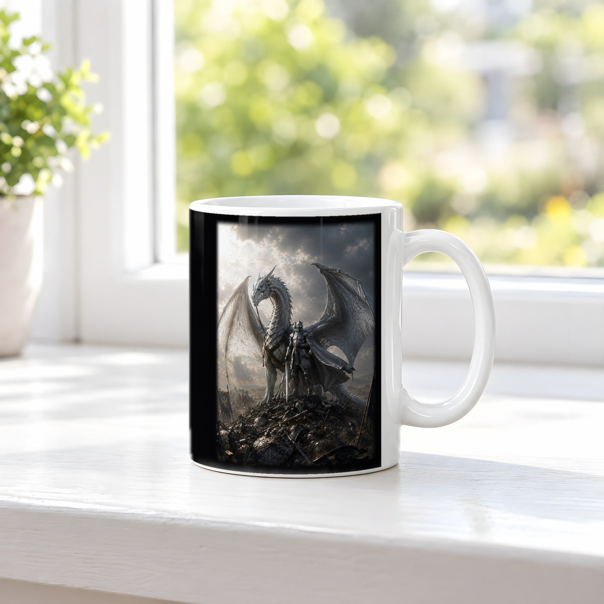 Der Silberritter – weiße Tasse, auf der Fensterbank