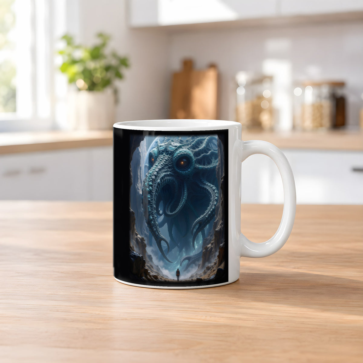 Der Splitterleviathan – weiße Tasse, auf dem Küchentresen