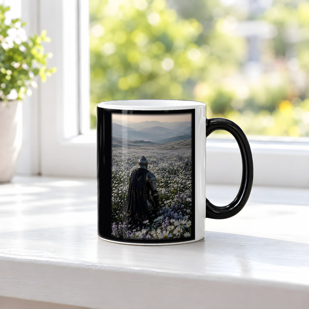 Der stille Morgen – Black Edition Zaubertasse mit Motiv (heiß), auf der Fensterbank