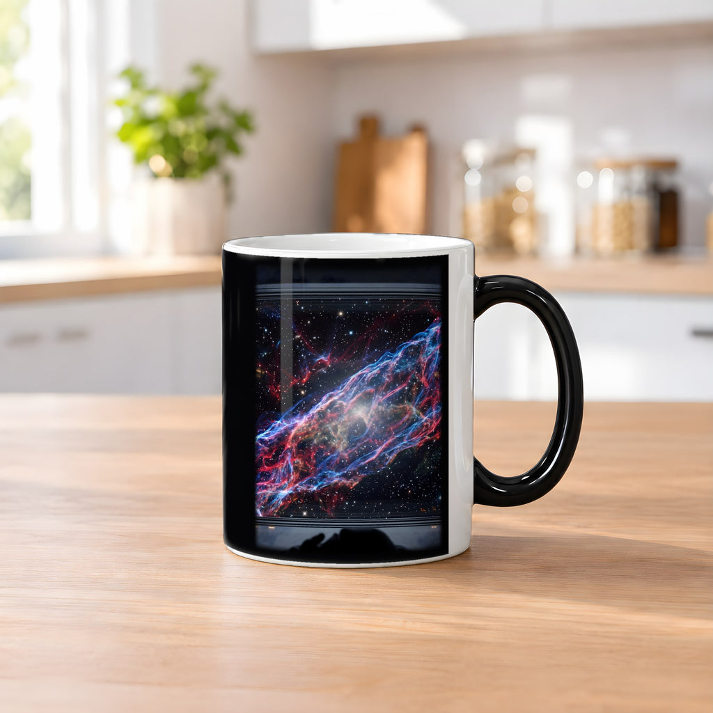 Der Schleiernebel – Black Edition Zaubertasse mit Motiv (heiß), auf dem Küchentresen