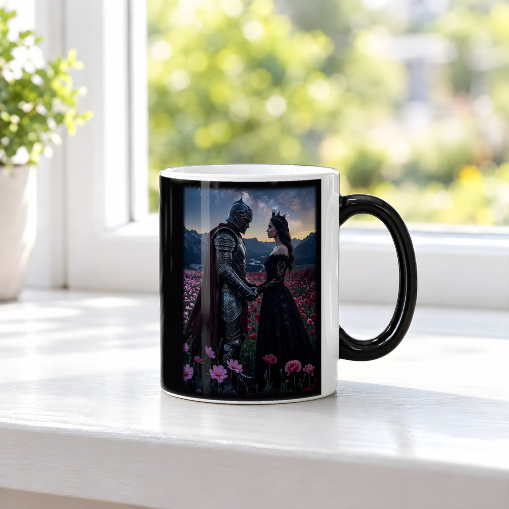 Der Sternenschwur – Black Edition Zaubertasse mit Motiv (heiß), auf der Fensterbank