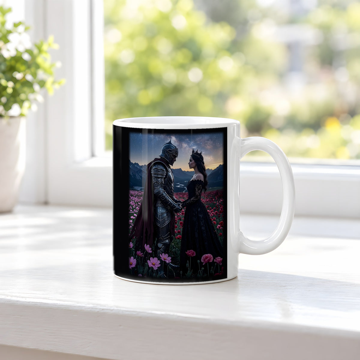 Der Sternenschwur – weiße Tasse, auf der Fensterbank