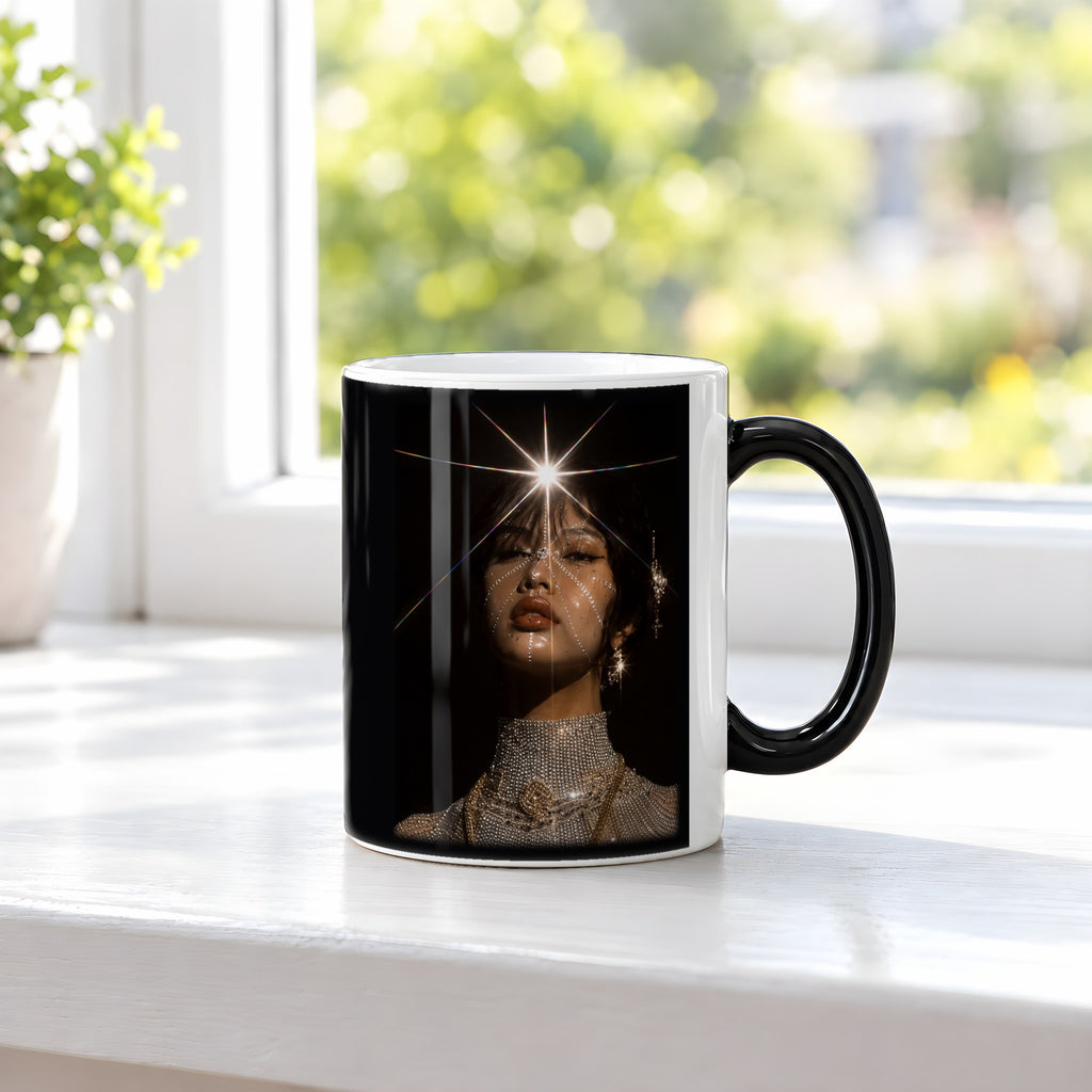 Sternennova – Black Edition Zaubertasse mit Motiv (heiß), auf der Fensterbank