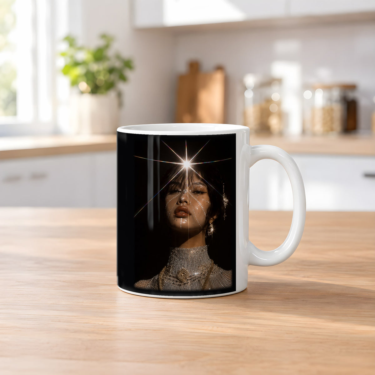 Sternennova – weiße Tasse, auf dem Küchentresen